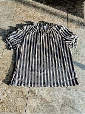 Women’s Striped Elastic‑Neck Blouse – Black/White/Beige – Short Sleeve Peasant